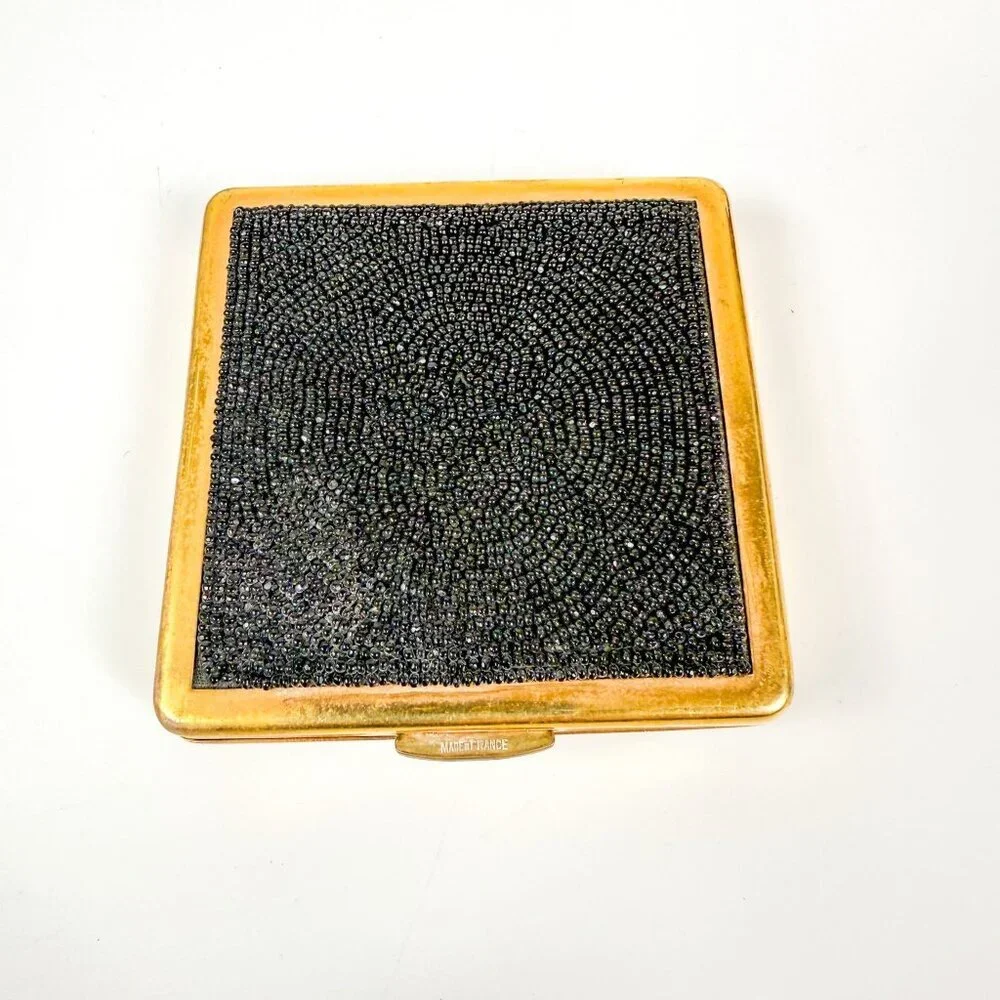 Elgin American Gold Tone Square Powder Compact Case Black Seed Beaded